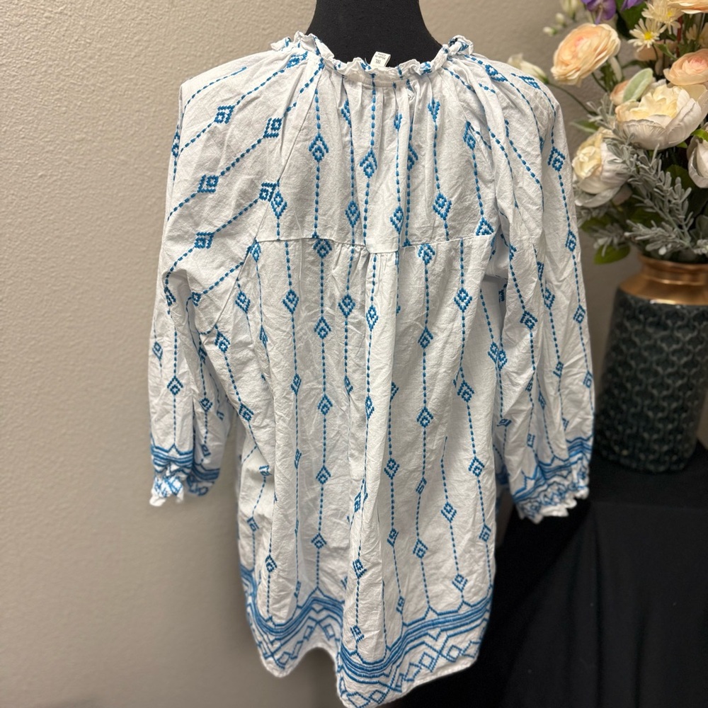 Umgee USA Plus 1XL White & Blue Embroidered Peasant Blouse - Picture 3 of 7